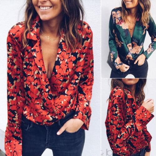 Hirigin Women Sexy Deep V-Neck Long Sleeve Tops Loose Print Blouse Romper Bodysuit Newest Casual Shirt Bodysuit