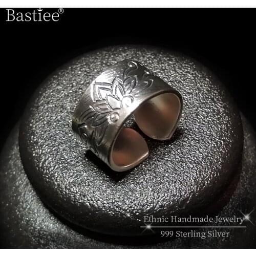 Vintage Lotus Flower 999 Sterling Silver Rings For Women Antique Ring Men Adjustable Unisex Handmade Luxury Jewelry Ethnic