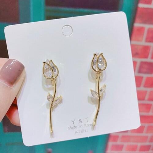 Korea jewelry high-end luxury shiny copper inlaid zircon opal elegant tulip stud earrings for women