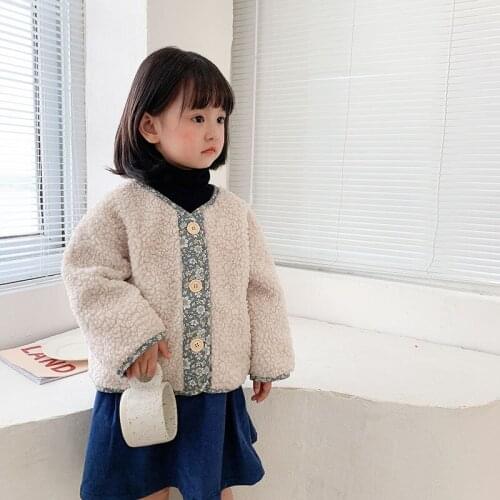 Floral Patchwork Kids Girls Woolen Jacket Coats Sweet Cute O-neck Baby Girls Outerwear Clothes Loose Toddler Ourwear Coats