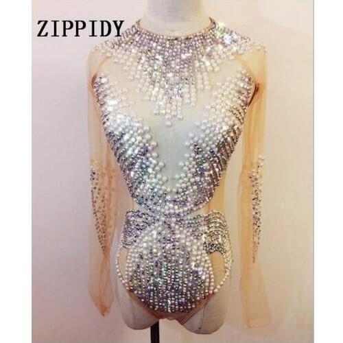 Fashion Shining Pearls Rhinestones Bodysuit Womens One-piece Mesh Stretch Outfit Sparkly Celebrate Crystals Costume