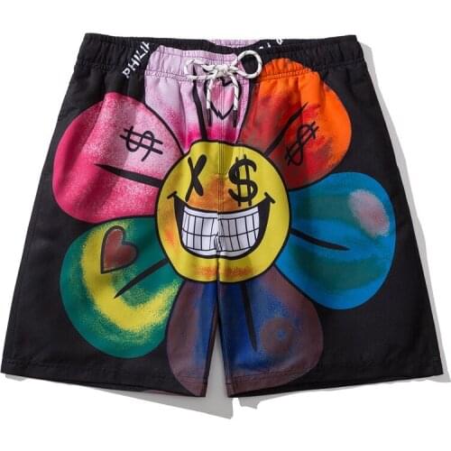 2021 Summer New Leisure Beach Pants Youth Chrysanthemum Smile Face Print Mens Summer Shorts Loose Casual Board Pants For Men