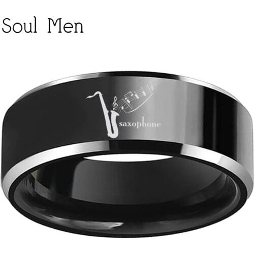 Engraved Instrumento Musical Saxophone 8mm Black Tungsten Wedding Ring for Music Lovers Special Jewelry Gift for Boyfriend