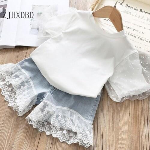 2020 Summer New Girl Baby Foreign Princess Bubble Puff Sleeve Top + Lace Stitching Denim Shorts Suit Sets Children Clothes Suits