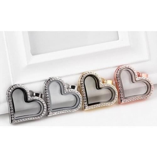 Wholesale 10PCS/lot Rhinestones Heart Floating Locket Magnetic Glass Memory Locket Necklace Pendant For Women