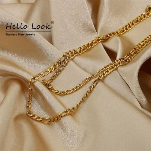 Hellolook Punk Figaro Chain Necklace Women 18K Gold Plated Stainless Steel Choker Necklace Collar Double Layer High Quality
