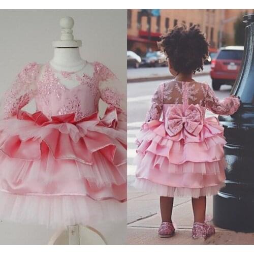 Lovely Baby Birthday Party Gowns Lace Appliques Sequins Bow Zipper Back Infant Flower Girl Dress
