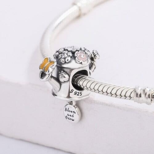 Fits Pandora Bracelet Blooming Enamel Flower Watering Can Pendant Charm Bracelet Real 925 Sterling Silver DIY Jewelry Making