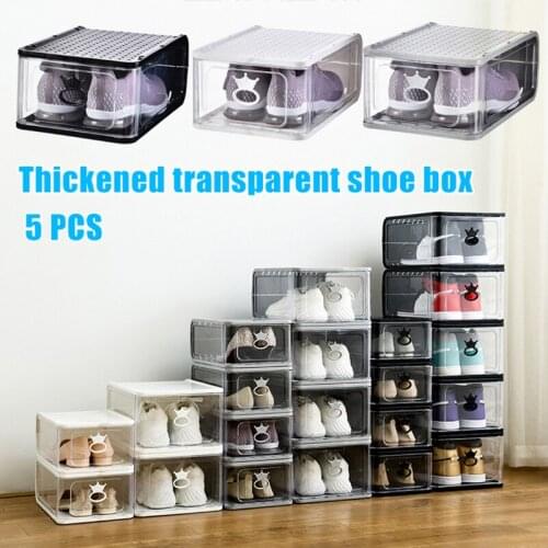 5Pcs Clear Stackable Shoes Box Thickened Dustproof Plastic Clamshell Drawer Type Shoe Storage Box Organizer GQ