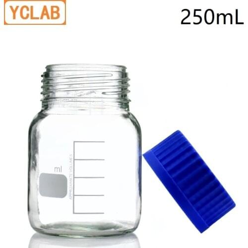 YCLAB 250mL Reagent Bottle Wide Screw Mouth with Blue Cap Transparent Clear Glass Medical Laboratory Chemistry Equipment