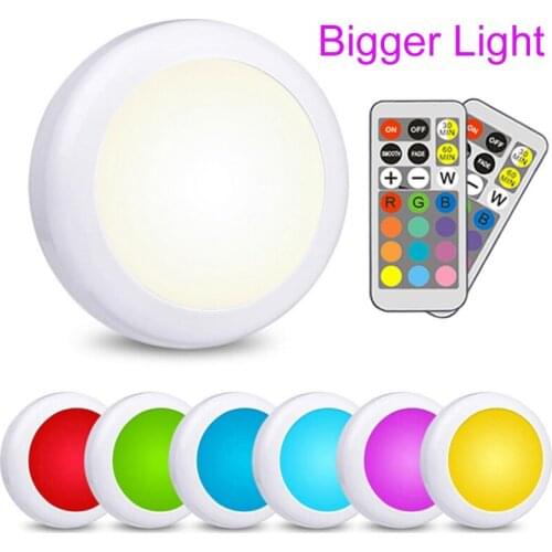 LED Cabinet Light Battery RGB Color Puck Lights Dimmable Under Shelf Kitchen Counter Lighting Remote Controller Night Light