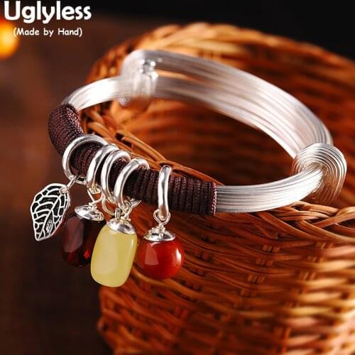 Uglyless Multi Silver Lines Push-pull Wide Bangle for Women Entangled Rope Bangle Agate Amber Beeswax Ethnic Jewelry 925 Silver