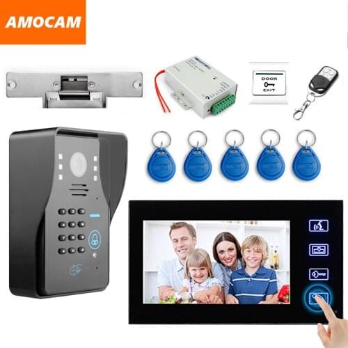 7" Touch monitor Video intercom Door Phone Doorbell System Strike Lock +RFID Keyfobs + Exit + Remote Control visual intercom