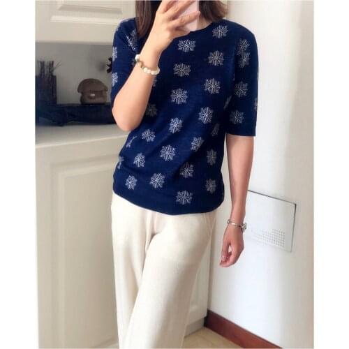 High grade super fine merino wool 200S yarns knit women jacquard Oneck half sleeve pullover tshirt sweater Ms/L