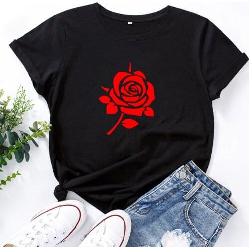 Red Rose Woman Tshirt Top Interesting Pattern Printing Camisas Mujer Fashion Casual Polera Mujer White T-shirts Cotton Woman