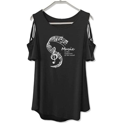 Women T-Shirts Music Is The Medicine Of The Mind Print Tshirt Casual Cotton T-shirt Female Tops Off The Shoulder Hollow Tee