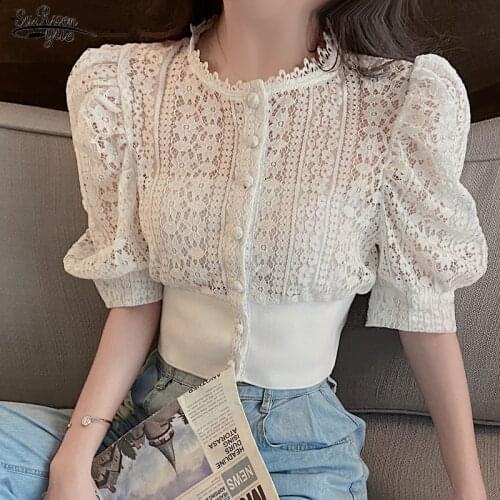 Korean Summer Short Sleeve Lace Blouse Women 2021 Hollow Out White Shirt Single Breasted Loose Shirts Solid Female Tops 13607