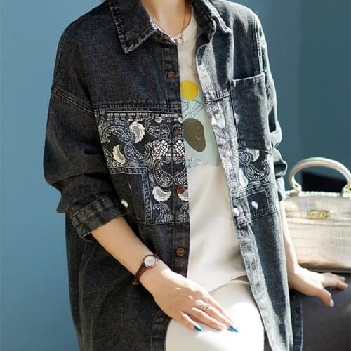 Oversized Long-Sleeved Vintage Denim Jacket Woman 2020New Spring Autumn Fashion Loose All-Match Mid-Length Jeans Coat Female 5XL