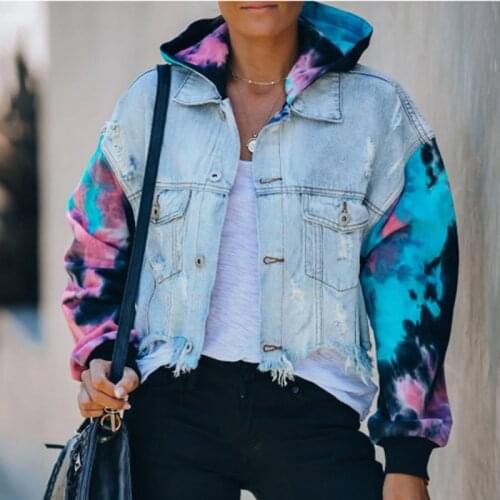 Women Tie Dye Hooded Denim Jackets Patchwork Pocket Hole Batwing Sleeve Coats Female 2020 Autumn Winter Fashion Ladies Outerwear