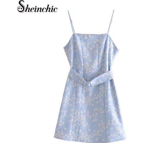 Vestidos De Mujer Casual 2021 Summer Fashion Elegant Blue Floral Spaghetti Strap Mini Dresses for Women