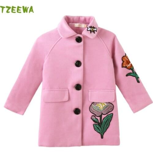 2020 Winter Girls Woolen Coat Pink Flores Jacket For Kids Girls Windbreaker Manteau Fille Children Outerwear Coat