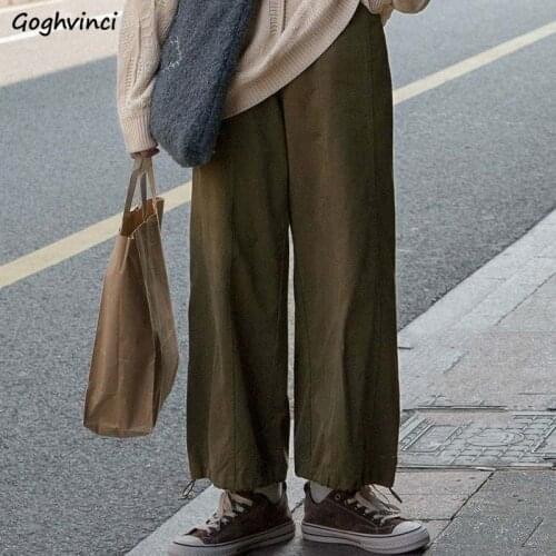 Winter Plus Velvet Cargo Pants Women BF Vintage Baggy Ankle-length Elastic Waist Wide-leg Students Ins Leisure Straight Trousers