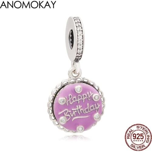 Classic Rose Red Enamel Happy Birthday Letter Round Pendant Charm fit Bracelet Real Sterling 925 Silver Bead for Birthday Gift