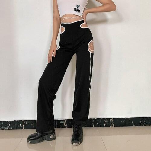 SEASONS Hollow Out Bandage Black High Waist Pants Capris Casual Fashion Skinny Long Trousers Women Basic Sweatpants ASPA83454