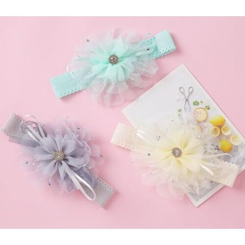 Flower Baby Headbands For Girls Chiffon Ribbon Floral Rhinestone Headwear Newborn Hairband Toddler Lace Sequins Hair Accessories