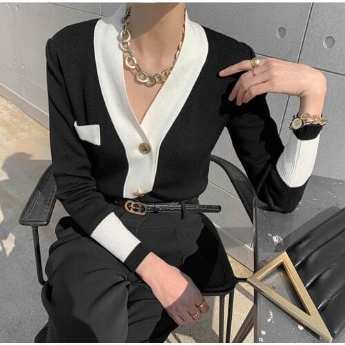 Elegant Women V-neck Knitted Cardigans Single-breasted Slim Contrasting White Edges Sweater Female 2021 Autumn Outwear Tops
