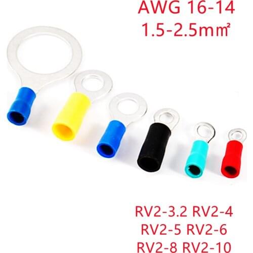 AWG 16-14 1.5-2.5mm2 Insulated Ring Terminal Connector Red Yellow Blue Green Balck PVC Wire Cable Electrical Crimp Terminal