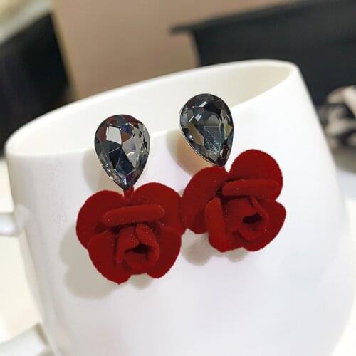 Classic Water Drops Crystal Flower Stud Earrings Red Rose Earring For Women Jewelry Bijoux Gift