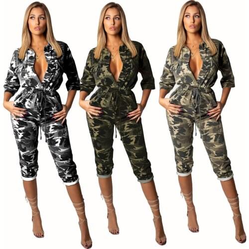 2021 Women Summer Jumpsuit Rompers Fashion V-neck Army Green Camouflage Print Womens Platsuit Calf-Length Denim Bodysuit