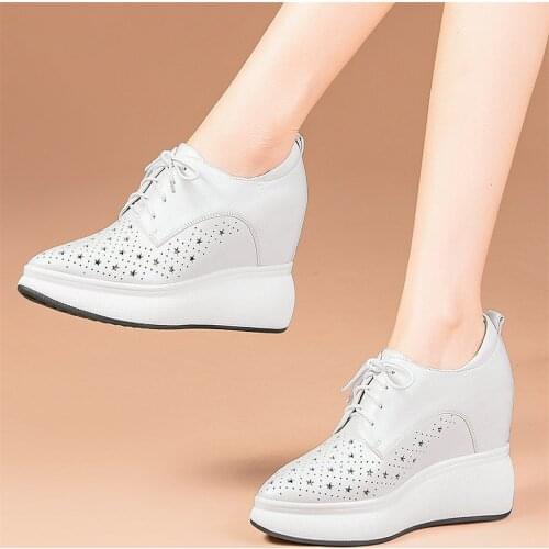 Summer Fashion Sneakers Women Lace Up Genuine Leather Wedges High Heel Ankle Boots Female Breathable Chunky Platform Pumps Shoes
