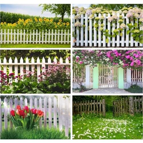 Laeacco Spring Yard Garden Fence Sunflower Flowers Field Poster Photography Backgrounds Banner Photo Backdrops For Photostudio