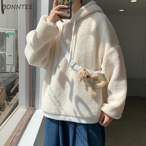 Men with Hat Hoodies Solid Lambswool Warm Plus Velvet Simple All-match Casual Baggy Korean Style Ulzzang Chic Male Streetwear