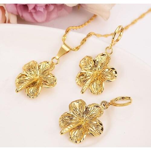 Ethiopian Solid Fine Gold Filled big Flower set women girls Jewelry Pendant Chain Earrings African Bride Wedding Flower Bijoux