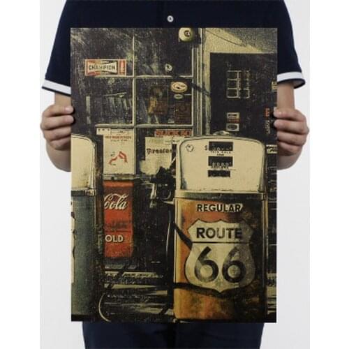 United States Route 66 Gas Station Wall Sticker Retro Nostalgia Kraft Paper Poster decoration maison quadro hogar 51.5x36cm