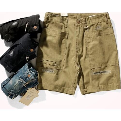 Summer New Retro Woven Patchwork Tooling Shorts Mens Fashion Multi-pocket Washed Old Straight Casual Sports Knee Length Pants