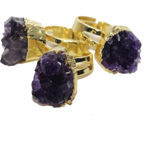New Style Deep Purple Raw Cluster Crystal Quartz Druzy rings women rough Geode druzy Amethysts rings for girl gift 2019