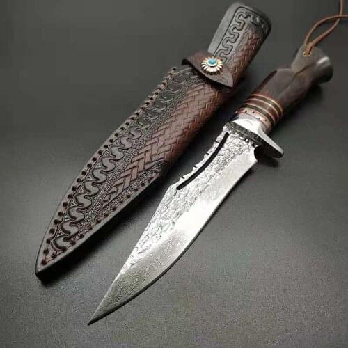 High Quality Samurai 60 HRC Handmade Damascus hunting straight knife rosewood bone turquoise handle with cowhide leather sheath