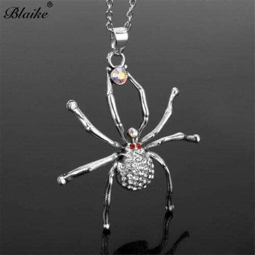 Blaike Silver Color Pendant Necklace White Zircon Halloween Horror Spider Necklace Party Prom Jewelry Gifts