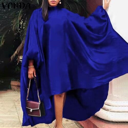 VONDA Women Satin Dress Ladies Casual Long Sleeve Bat Sleeve O Neck Midi Dresses Bohemian Vestidos Beach Sundress