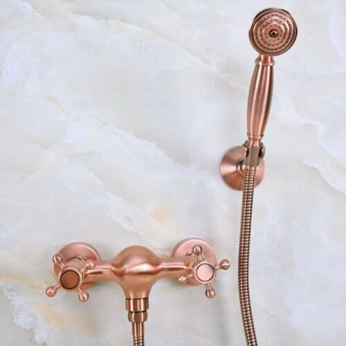 Antique Red Copper Brass Bathroom Hand Held Shower Head Faucet Set Mixer Tap Dual Cross Handles mna295