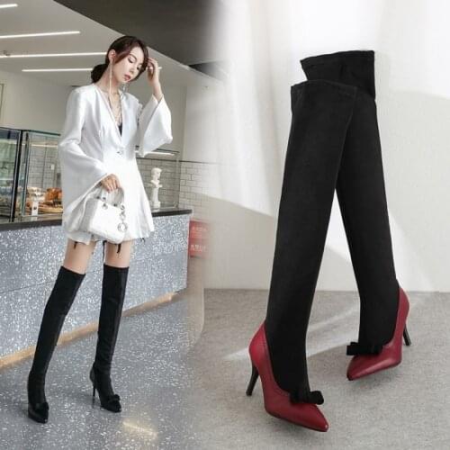 Big size 33-48 stretch fabric thigh high boots pointed toe Bow autumn winter Patchwork sexy high heels over the knee boots