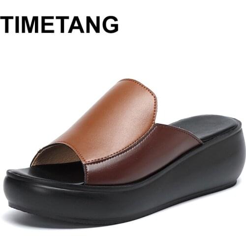 TIMETANG woman platform thongs 2020 new summer women genuine leather slipper high heel shoes women slippers