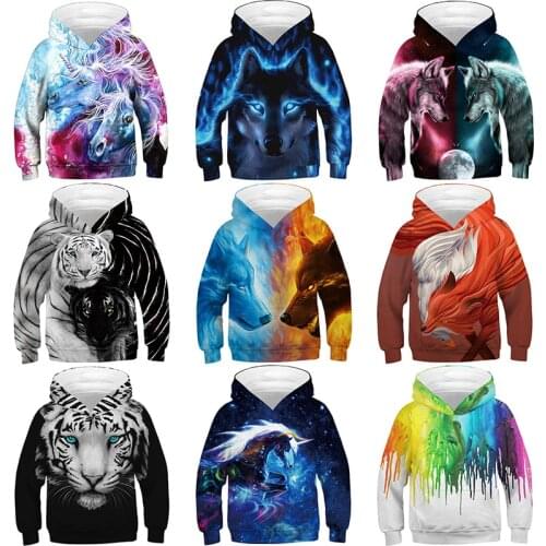 Wolf Tiger Fox 3D Printed Boys Girls Hoody Sport Fashion Outerwear Kids Hooded Sweatshirt Clothes Children Pullover Tops 5-12Y