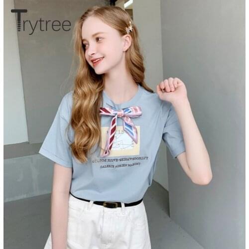 Trytree Summer Casual Women Tops O-neck Bow Tie Cotton Polyester White Blue T-Shirt Female Short Sleeve shirt Women dropshipping