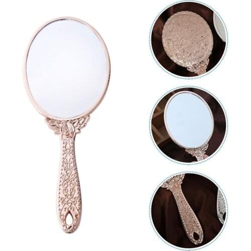 Rose Gold Carved Retro Handle Mirror Portable Mirror Woman Makeup Mirror
