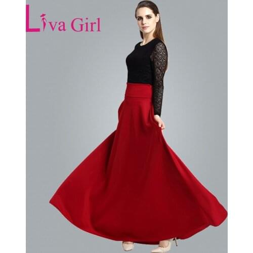 Liva Girl Winter Long Skirts High Waist Pleat Elegant Maxi Skirt Red Black Women Faldas Saia Plus Size Ladies Jupe XXL XXXL 4XL